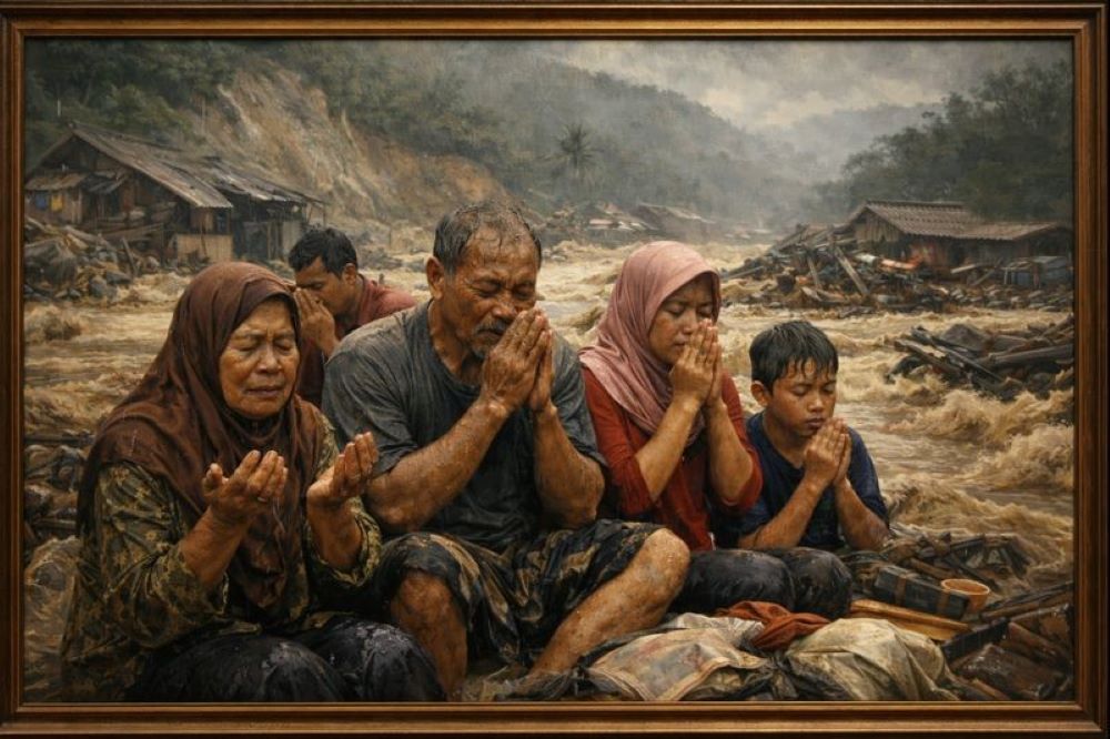 ilustrasi gambar AI. Doa di tanah bencana